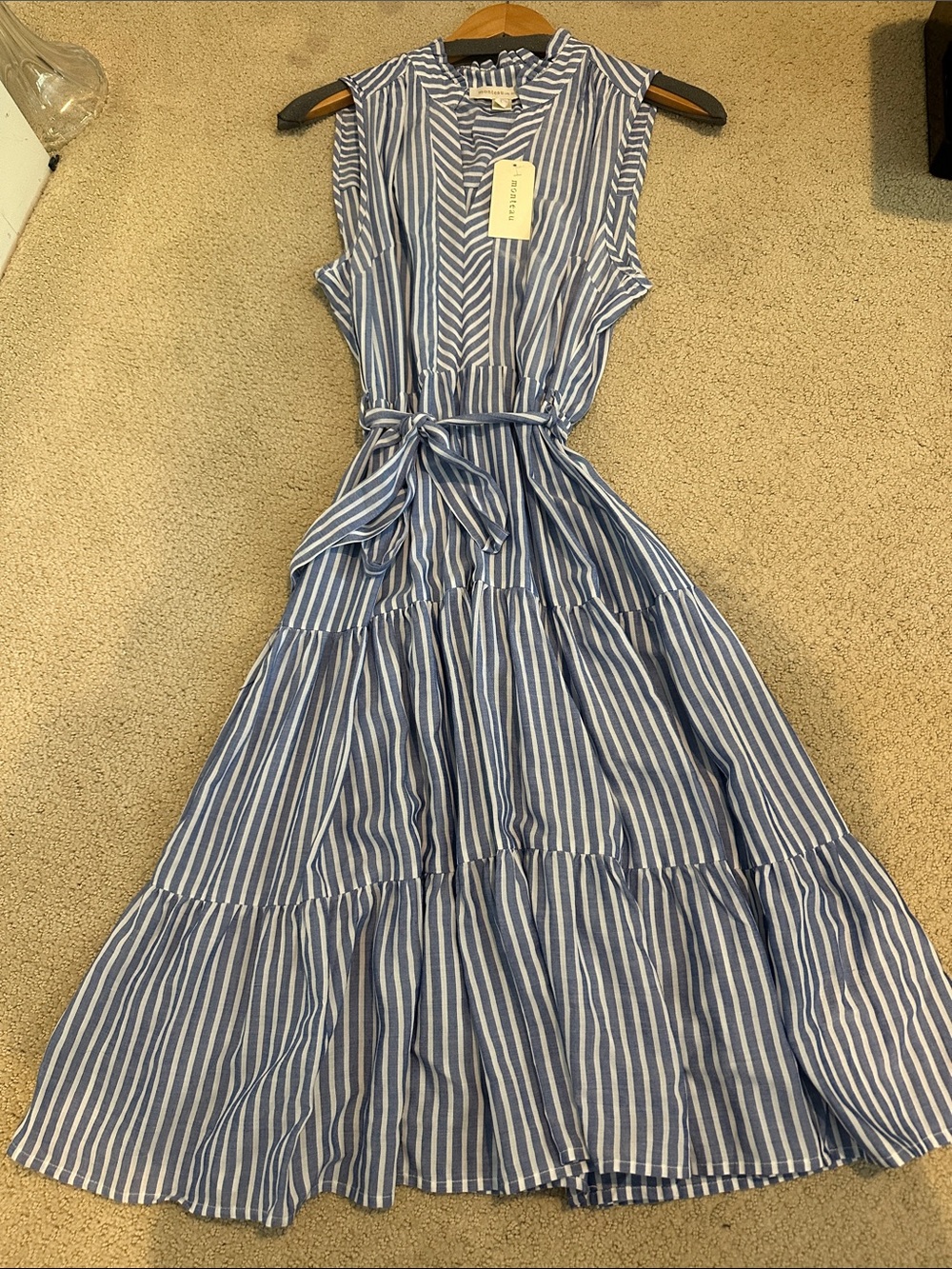 Monteau Blue and White Sleeveless Striped Tiered Dress with Waist Tie